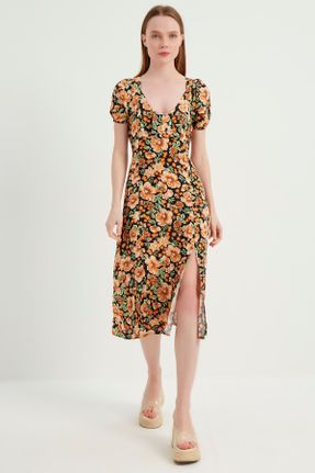 لباس مشکی زنانه بافتنی ویسکون طرح گلدار آستین-بلند کد 285969038