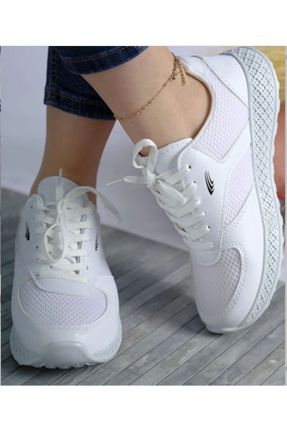 کفش اسنیکر سفید زنانه بند دار چرم مصنوعی کد 681131404