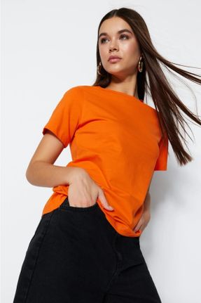 تی شرت نارنجی زنانه یقه گرد ریلکس بیسیک کد 683256978