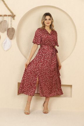 لباس زرشکی زنانه بافتنی ساتن طرح گلدار آستین-کوتاه بیسیک کد 684730153