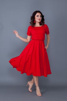 لباس قرمز زنانه بافتنی کرپ گلوژ آستین-کوتاه بیسیک کد 36815707