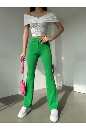شلوار سبز زنانه پارچه ای پارچه پاچه لوله ای فاق بلند فاق بلند کد 685271483