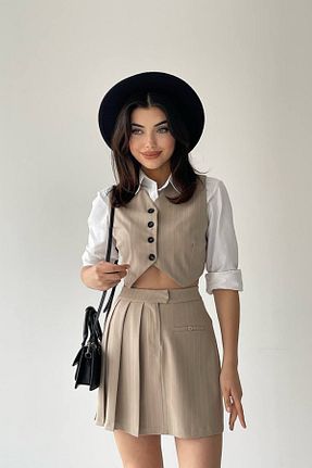 ست بالاتنه و پائین تنه بژ زنانه بافتنی WOWBUTİK - کد 685487115