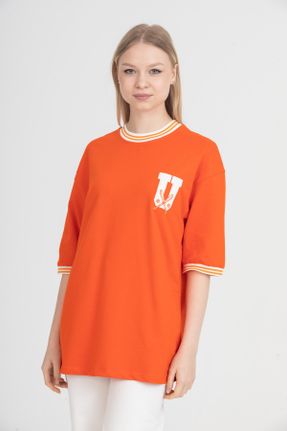 تی شرت نارنجی زنانه اورسایز یقه گرد پنبه (نخی) کد 302367405