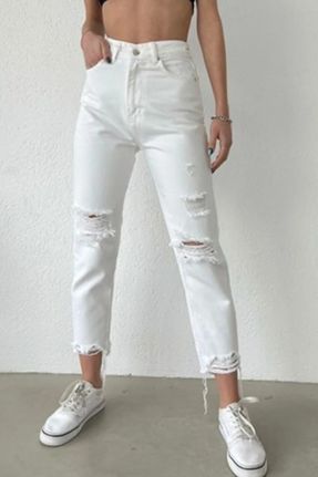 شلوار جین سفید زنانه پاچه کوتاه فاق بلند پنبه (نخی) بلند کد 687230553