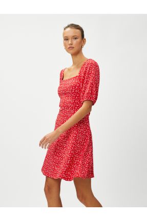 لباس قرمز زنانه بافتنی طرح گلدار رگولار آستین-کوتاه کد 687807241