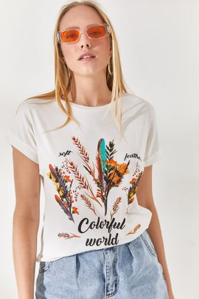 تی شرت نباتی زنانه رگولار یقه گرد ویسکون تکی بیسیک کد 6195528