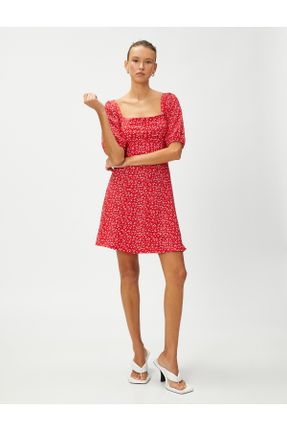 لباس قرمز زنانه بافتنی طرح گلدار رگولار آستین-کوتاه کد 687807241