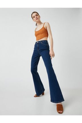 شلوار جین آبی زنانه پاچه اسپانیولی فاق بلند جین ساده استاندارد کد 689026329