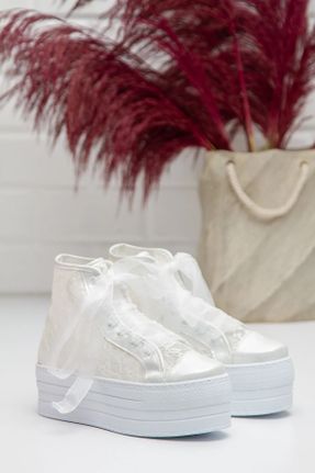 کفش مجلسی سفید زنانه پاشنه پر پارچه نساجی پاشنه متوسط ( 5 - 9 cm ) کد 688544438