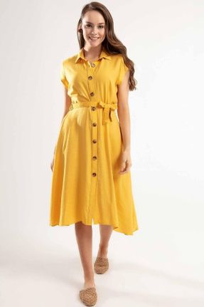 لباس زرد زنانه بافتنی پنبه (نخی) رگولار آستین-کوتاه بیسیک کد 40427913