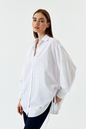 پیراهن سفید زنانه یقه پیراهنی پنبه (نخی) اورسایز کد 688211462