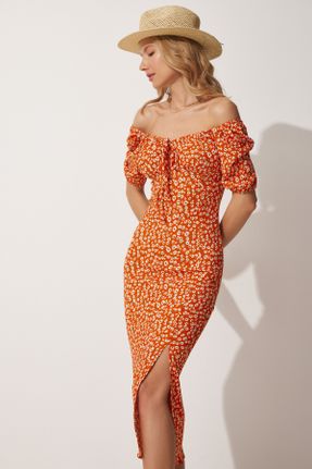 لباس نارنجی زنانه بافت طرح گلدار رگولار آستین-کوتاه کد 690584088
