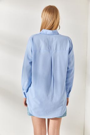 پیراهن آبی زنانه اورسایز یقه پیراهنی پنبه (نخی) کد 691997117