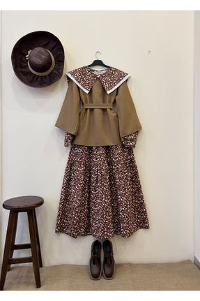 لباس قهوه ای زنانه بافتنی پنبه (نخی) طرح گلدار ریلکس آستین-بلند کد 472885079