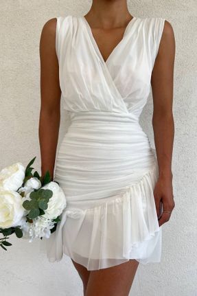 لباس مجلسی سفید زنانه تور آستین استاندارد یقه هفت رگولار آستر دار کد 691718068