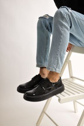 کفش اسنیکر مشکی مردانه بند دار چرم مصنوعی کد 695690945