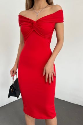لباس قرمز زنانه بافتنی پنبه - پلی استر - الاستن رگولار آستین-کوتاه کد 695799077