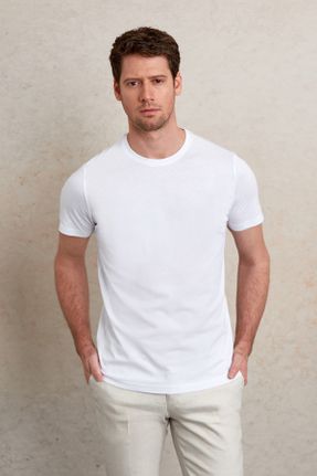 تی شرت سفید مردانه پنبه (نخی) رگولار یقه گرد کد 695644597