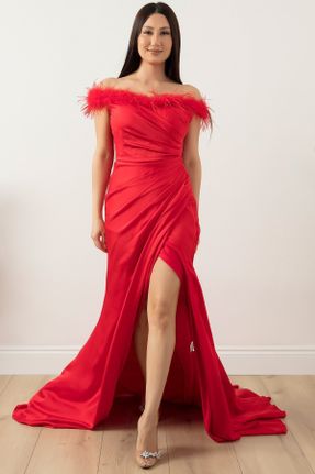 لباس مجلسی قرمز زنانه ساتن رگولار استراپلز آستر دار کد 695769610