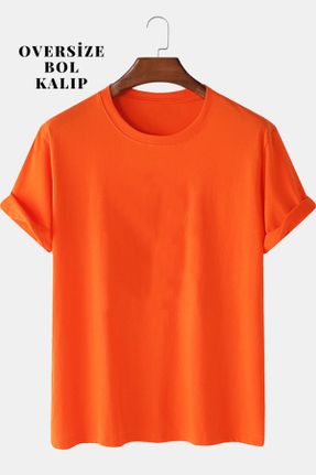 تی شرت نارنجی مردانه پنبه (نخی) یقه گرد اورسایز پوشاک ورزشی کد 656215049