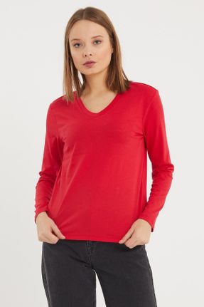 تی شرت قرمز زنانه رگولار یقه گرد تکی بیسیک کد 355590936