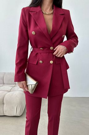 کت و شلوار زرشکی زنانه یقه کتی MYGİYİMİSTANBUL - کد 696247328