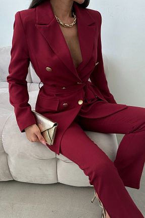 کت و شلوار زرشکی زنانه یقه کتی MYGİYİMİSTANBUL - کد 696247328