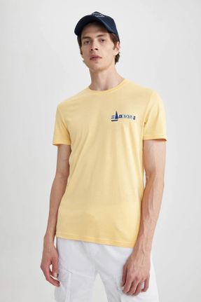 تی شرت زرد مردانه اسلیم فیت یقه گرد کد 697527058