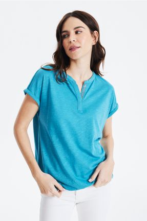 تی شرت آبی زنانه مودال- پنبه یقه هفت رگولار کد 698698094