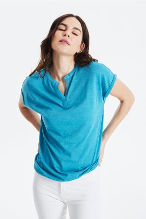 تی شرت آبی زنانه رگولار یقه هفت مودال- پنبه کد 698698094