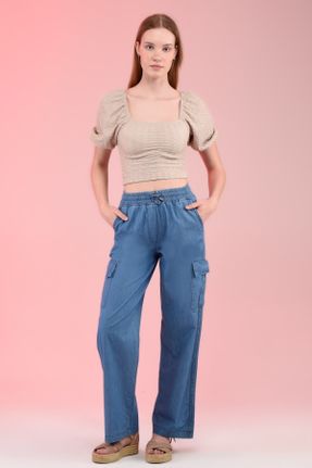 شلوار جین آبی زنانه پاچه راحت فاق بلند جین کارگو پوشاک ورزشی کد 700343366