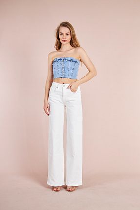 شلوار جین سفید زنانه پاچه گشاد CRC JEANS - کد 695910345