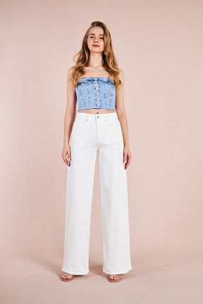 شلوار جین سفید زنانه پاچه گشاد CRC JEANS - کد 695910345