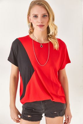 تی شرت قرمز زنانه رگولار مخلوط ویسکون یقه گرد تکی کد 700326151
