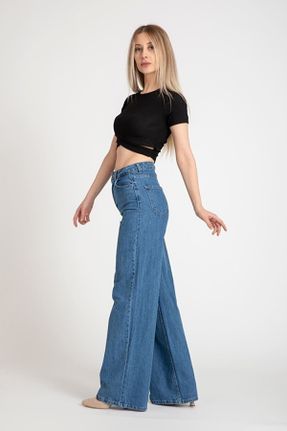 شلوار جین آبی زنانه پاچه راحت سوپر فاق بلند اکریلیک اورسایز جوان استاندارد کد 417588787