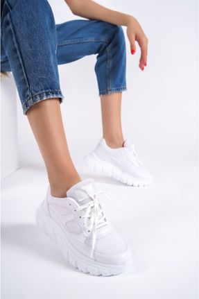 کفش اسنیکر سفید زنانه بند دار چرم مصنوعی کد 702090845