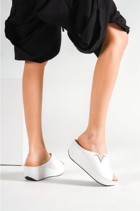 دمپائی سفید زنانه پاشنه متوسط ( 5 - 9 cm ) پاشنه پر چرم مصنوعی کد 123543992