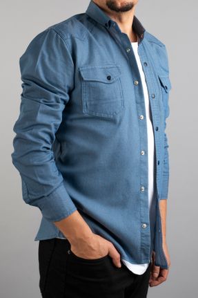 پیراهن آبی مردانه اسلیم فیت یقه دکمه دار پنبه (نخی) کد 336300821