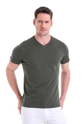 تی شرت خاکی مردانه رگولار یقه هفت پنبه (نخی) کد 703043268