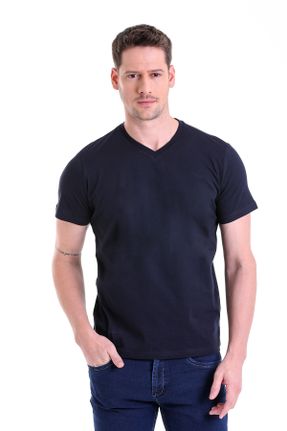 تی شرت سرمه ای مردانه پنبه (نخی) یقه هفت رگولار کد 703043659