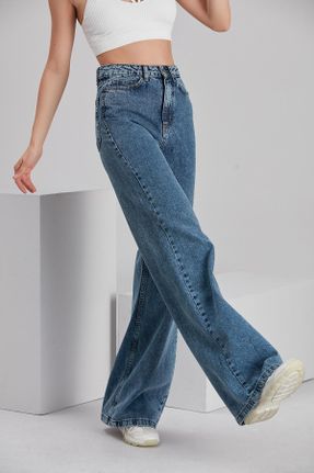 شلوار جین آبی زنانه پاچه راحت سوپر فاق بلند اکریلیک اورسایز جوان کد 364398992