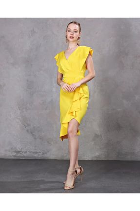 لباس مجلسی زرد زنانه بدون آستین یقه دگاژه بدون آستر کد 448350253