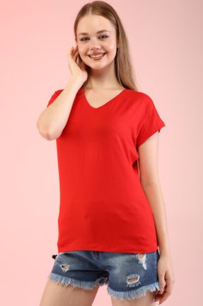 تی شرت قرمز زنانه راحت یقه هفت ویسکون بیسیک کد 104701728