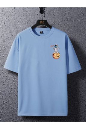تی شرت آبی زنانه رگولار یقه گرد پنبه (نخی) تکی کد 709508232