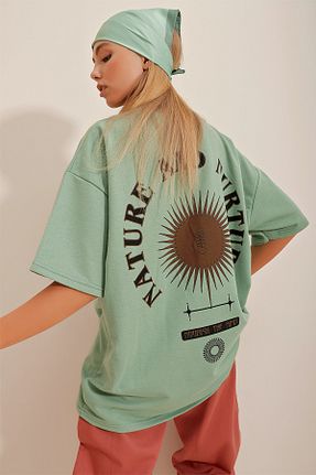 تیشرت سبز زنانه اورسایز Trend Alaçatı Stili - کد 708386827