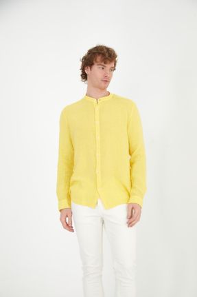 پیراهن زرد مردانه رگولار یقه قاضی کتان کد 709039016