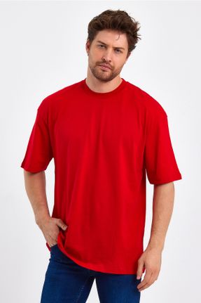 تی شرت قرمز مردانه اورسایز یقه گرد پنبه (نخی) بیسیک کد 707394821