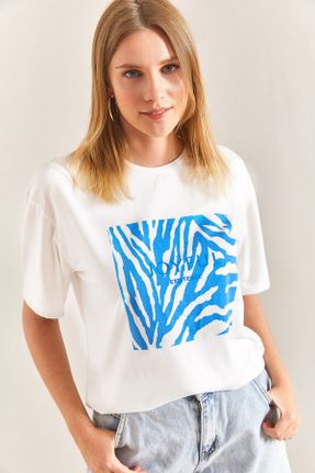 تی شرت آبی زنانه رگولار یقه گرد پنبه - پلی استر تکی کد 709662308
