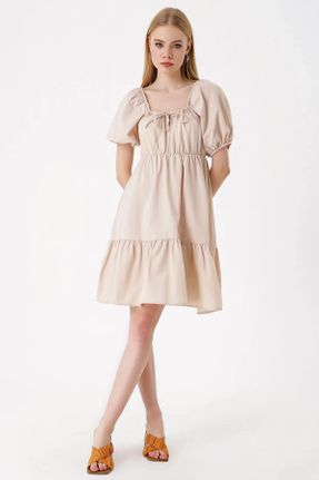 لباس بژ زنانه بافت پنبه - پلی استر رگولار آستین-کوتاه بیسیک کد 704484125